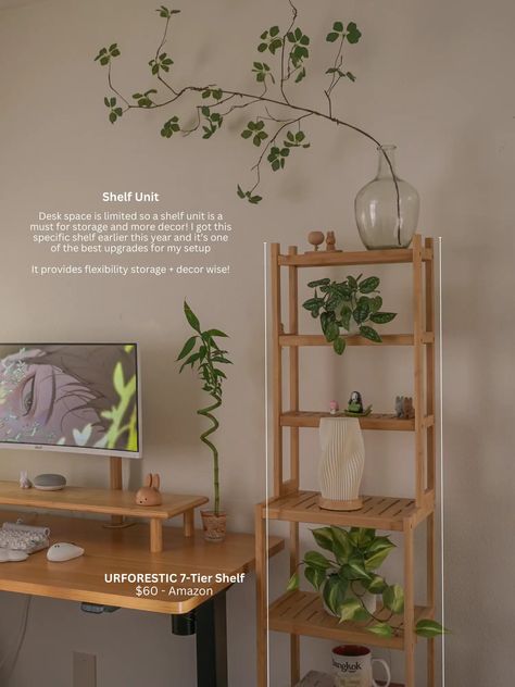 Wooden Desk Setup Aesthetic, Small Apartment Desk Ideas, Cute Desk Setups, Plant Desk Setup, Apartment Desk Ideas, Apartment Desk Setup, Boho Desk Space, Plants On Desk, Desk Space Aesthetic