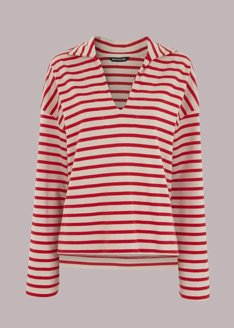 Red/Multi Breton Jersey Shirt | WHISTLES | Breton Shirt, Breton Top, Wardrobe Classic, Jersey Top, Jersey Shirt, Summer 2023, Layering Pieces, Fitness Fashion, Spring Summer