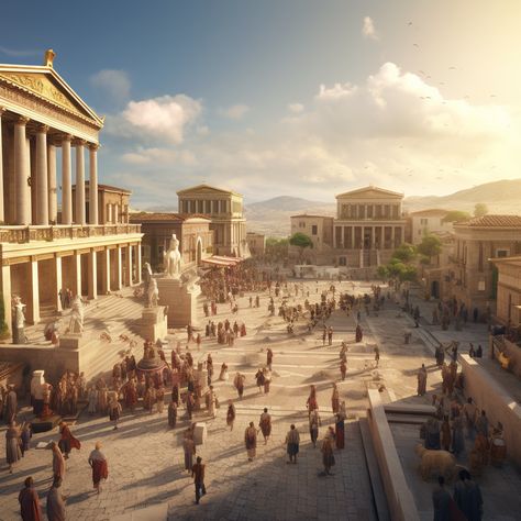 Wide shot of an ancient Greek city, capturing the essence of the era's architecture and ambiance. The camera pans slowly through the bustling streets, immersing the audience in the historical setting. Greek Civilization Architecture, Ancient Greeks Aesthetic, Ancient Temples Concept Art, Ancient Greece Concept Art, Ampitheater Greek, Futuristic Ancient Greece, Ancient Greek City Fantasy Art, Ancient Greece Buildings, Old Greek Architecture