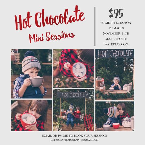 Christmas Mini Sessions Pricing, Hot Chocolate Photography Mini Sessions, Hot Cocoa Mini Session Photo Shoot, Hot Chocolate Mini Session, Winter Mini Photo Sessions, Santa Mini Session Ideas Outdoors, Winter Mini Session Ideas, Fall Mini Sessions Set Up, Mini Photo Session Ideas