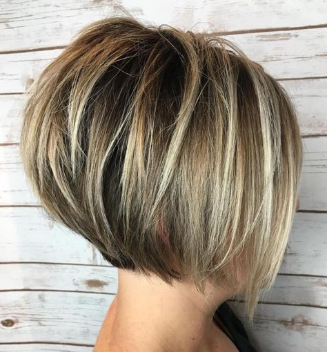 Jaw-Length Stacked Bob With Highlights Ear Lobe Length Bob, Short Bob Stacked Hairstyles, Short Stacked Bob Haircut With Bangs, Wedge Haircuts Stacked, Short Hairstyle Women Bob, Stacked Bob Haircut For Thick Hair, A Line Bob Short Stacked, Short Bob Layered Haircuts, Med Hairstyles