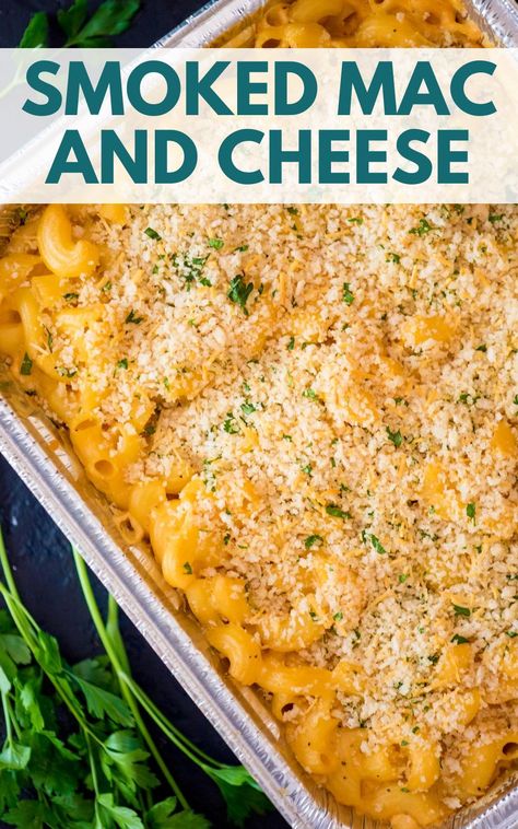 This is the best homemade smoked macaroni and cheese recipe. It's with a creamy cheese sauce and topped with a crunchy panko topping. You can make this mac and cheese on the pit boss, traeger, or any pellet grill or electric smoker. Mac And Cheese On Traeger, Macaroni And Cheese On The Grill, Smoker Mac N Cheese Recipes, Pit Boss Mac And Cheese, Pellet Grill Mac And Cheese, Pellet Smoker Potato Recipes, Smoked Brisket Mac And Cheese, Traeger Smoked Mac And Cheese, Smoker Supper Ideas