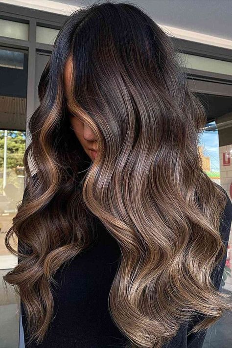 Smokey Caramel Brown Balayage Ombre with Soft Waves for Long Black Locks Balayage For Dark Black Hair, Caramel Balayage Ombre, Hair Balayage Black, Black To Brown Ombre Hair, Brown Balayage On Black Hair, Balayage Black Hair, Balayage On Black Hair, Balayage Black, Rich Brunette Hair