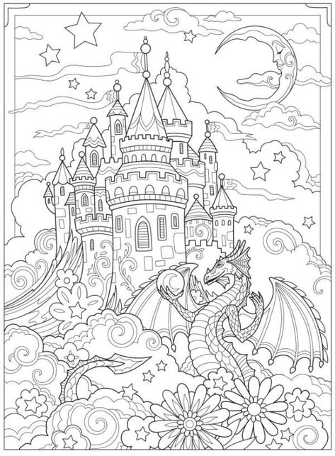 Kid Printables, Castle Coloring Page, Coloring Stuff, Coloring Pages For Grown Ups, Adult Colouring Printables, Color Sheets, Dragon Coloring Page, Adult Coloring Designs, صفحات التلوين