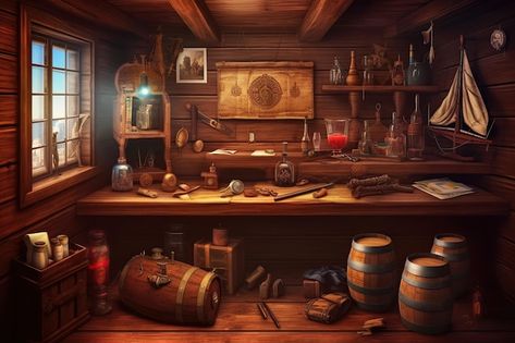 Pirate Ship Kitchen, Fantasy Ship Interior, Pirate Props Concept Art, Pirate Ship Cabin, Pirate Dock, Pirate Ship Interior, Pirate Cabin, Pirate Office, Ship Props