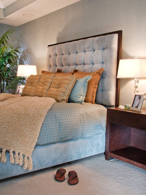 cool, icy blue suede was used to complement the contemporary bedroom and provide a gorgeous backdrop for the toffee- and ice-colored bedding. Yellow Headboard, Brown Headboard, Creative Headboard, Blue Headboard, White Headboard, Fabric Headboard, Diy Headboard, Diy Network, غرفة ملابس