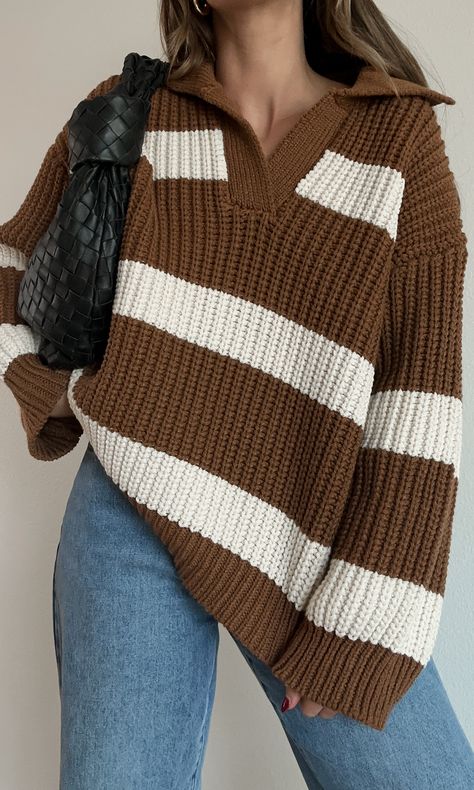 Striped crochet knit sweater. Oversized fit. Unlined. Style #: A2611T Material: Polyester Color: Brown/Cream Amanda is wearing a small/medium AMANDA STATS: Height: 5'4" / Bust: 32A / Jeans: 25 Striped Crochet Sweater, Knit Sweater Oversized, Crochet Knit Sweater, Sweater Oversized, Brown Sweater, Crochet Sweater, Long Sweaters, Sale House, Oversized Fits