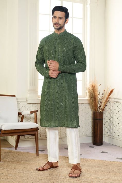 Mehendi green georgette kurta with all over varied stripe pattern, intricate tonal thread and sequin embroidery. Paired with contrast straight fit pant. - Aza Fashions Mehendi Outfits Men, Mehendi Kurta For Men, Olive Green Kurta For Men, Chicken Kari Kurta For Men, Mehendi Outfits For Men, Green Kurta Men, Men Kurta Designs Style, Green Chikankari Kurta, Chikankari Kurta For Men