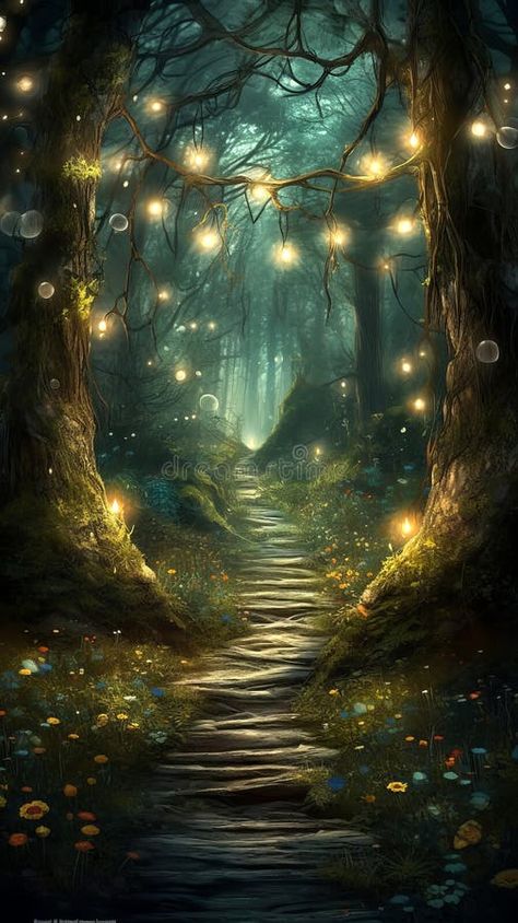 Bioluminescence Forest, Dark Forest Fairy Aesthetic, Magical Painting Ideas, Light Fantasy Art, Fairy Fantasy Aesthetic, Magical Forest Painting, Light In Forest, Enchanted Forest Aesthetic, Enchanted Forest Painting