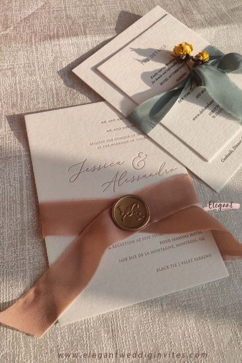 elegant letterpress wedding invitates with rose silk ribbon and wax seal sticker Ribbon On Invitations, Wedding Invitations With Wax Seal, Classy Wedding Invites, Wedding Invitations With Ribbon, Ribbon And Wax Seal, Wax Seal And Ribbon, Wedding Invite Ribbon Ideas, Wedding Invitations Ribbon, Belly Band With Wax Seal