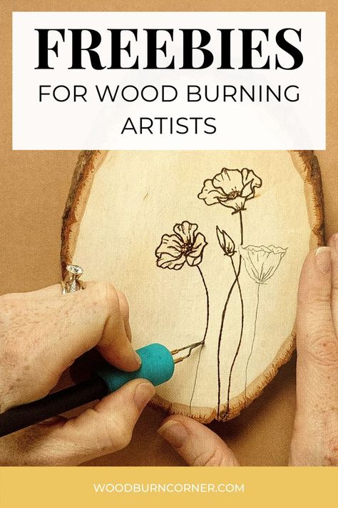 a person wood burning into an oval wood slice. they are burning a poppy pattern with a wood burning tool. the title is: freebies for wood burning artists Beginner Wood Burning Projects, Beginner Wood Burning Pattern, Leather Burning, Wood Burned Gifts, Burning Flowers, Beginner Wood Burning, Wood Burning Tips, Wood Slice Decor, Wood Burning Patterns Stencil