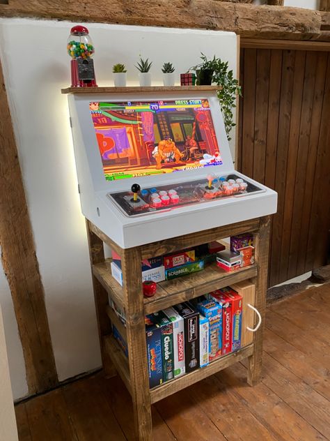 Diy Arcade Table, Mini Arcade Cabinet, Game Cabinet Ideas, Video Game Furniture, Diy Arcade Machine, Arcade Cabinet Design, Custom Arcade Cabinet, Board Game Cabinet, Diy Arcade Games