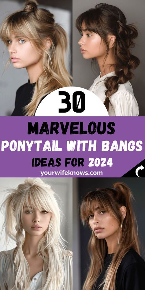 30 Charming Ponytails with Bangs: A 2024 Style Guide Low Ponytail With Bangs, Low Messy Ponytail, High Sleek Ponytail, Ponytails With Bangs, The Perfect Ponytail, Messy Ponytail Hairstyles, Braided Ponytails, Fun Ponytails, Straight Across Bangs