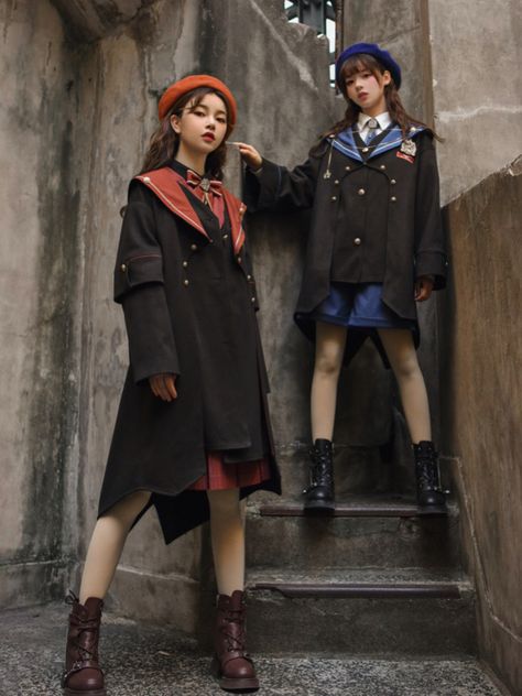 Dark Academia Uniform, Dark Academia Blue, Japanese Kawaii Fashion, Dark Blue Coat, Gothic Punk Fashion, Hooded Coats, Outfit References, Dark Academia Clothing, School Uniform Fashion