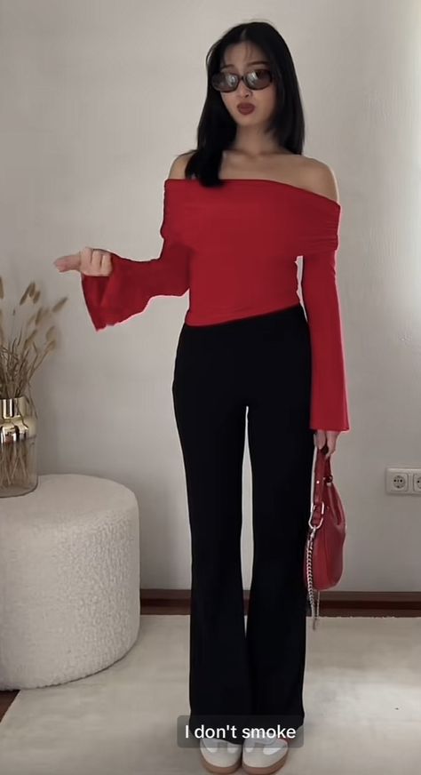 Red Long Sleeve Top Outfits, Red Long Sleeve Shirt Outfit, Clothes Place, Red Off Shoulder Top, Off The Shoulder Top Outfit, Long Sleeve Top Outfit, Shoulder Tops Outfit, Long Sleeve Shirt Outfits, Uni Fits