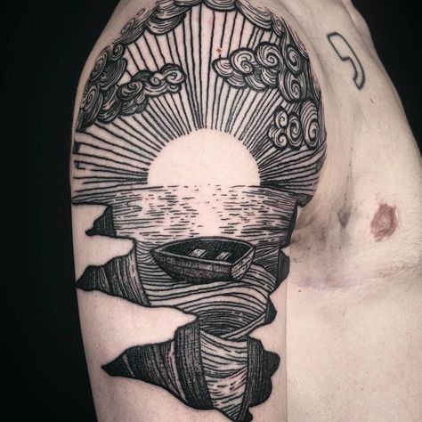 Boats Tattoo, Lighting Tattoo, Etching Tattoo, Woodcut Tattoo, Engraving Tattoo, Medieval Tattoo, Water Tattoo, Landscape Tattoo, Ocean Tattoos