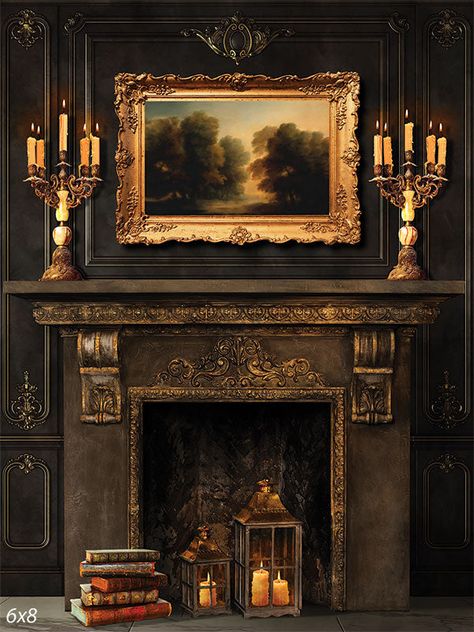 Vintage Elegance Fireplace Photography Backdrop - Photography backdrop featuring an ornate vintage fireplace setting with intricate carvings Fireplace Background, Fireplace Photography, Ornate Fireplace, Elegant Portrait, Portable Backdrop, Painted Brick Fireplace, Fall Fireplace, Victorian Parlor, Vintage Fireplace