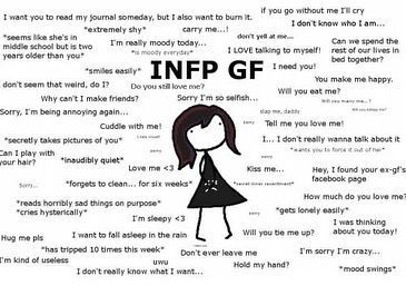 😊 INFP memes every day on Instagram: "INFPs, is this true? IMO this one is better than the previous INFP gf post. . Check out the new Community section on Ur My Type! Make new friends from all over the world or maybe even find your type! Download link in bio. . . Credit: DM for credit . . #mbti #mbtimemes #16personalities #personalitytypes #personalitytype #typology #infp #infppersonality #infpmemes #infpproblems #infpthoughts #infplife" Infp Girlfriends, Mbti Girlfriend, Infp Girlfriend, Enfp Girlfriend, Infp Personality Aesthetic, Girlfriend Types, Infp Mediator, Infp Humor, Infp Things