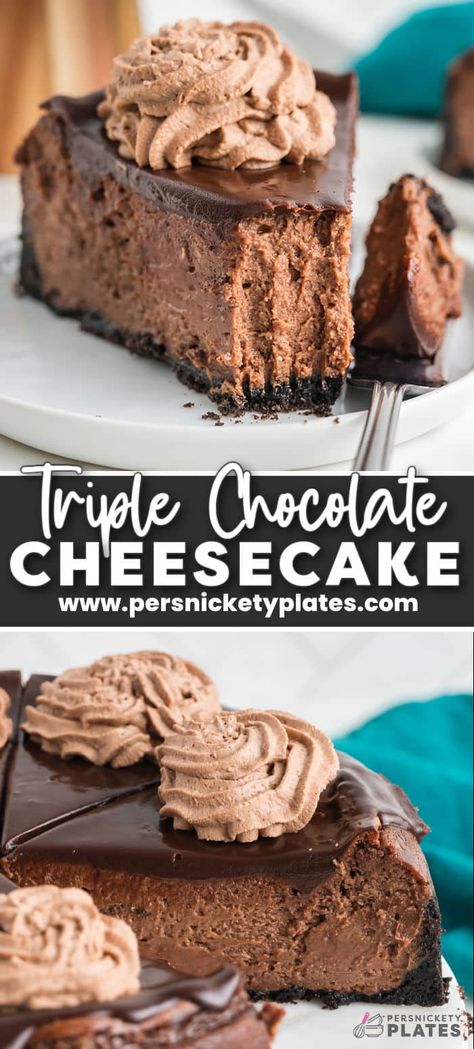 Chocolate lovers, this one is for you! Every inch of this triple chocolate cheesecake is filled with chocolatey goodness, including an Oreo crust. The entire cheesecake is prepared and baked in just over 1 hour with no water bath needed! Unique Cheesecake, Persnickety Plates, Creamy Chocolate Cheesecake, Triple Chocolate Cheesecake, No Bake Chocolate Cheesecake, Amazing Meals, Sweet Foods, Chocolate Whipped Cream, Chocolate Chip Cheesecake