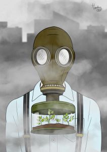 Air Pollution man wearing gas mask containing plants illustration Inkscape Air Pollution Project, Causes Of Air Pollution, Burning Fossil Fuels, Pollution Activities, Air Pollution Poster, Gas Mask Art, Plants Illustration, Earth Drawings, Conscious Consumption