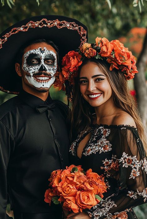 Couples Halloween Costume Ideas Mexican, Day Of The Dead Couple Costume, Creative Couples Halloween Costumes, Movie Couples Costumes, Mexican Halloween Costume, Best Movie Couples, Mexican Couple, Cruella Deville Costume, Cute Matching Outfits