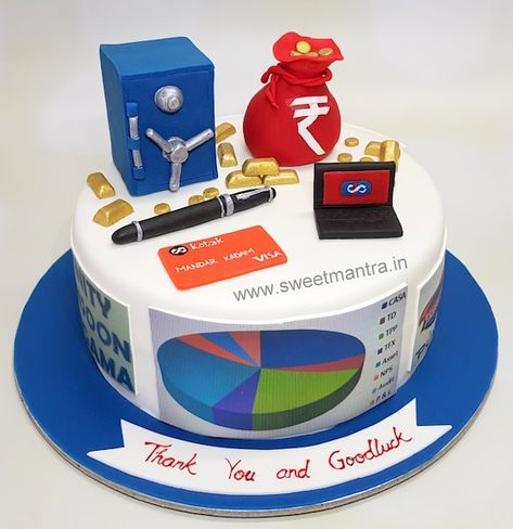 Customized cake for a bank branch manager's farewell  by Sweet Mantra - Customized 3D cakes Designer Wedding/Engagement cakes in Pune - http://cakesdecor.com/cakes/338385-customized-cake-for-a-bank-branch-manager-s-farewell Cakes For Bankers, Library Cake, Money Birthday Cake, Bank Manager, Customised Cakes, Graduation Party Desserts, Customized Cake, Fiesta Cake, Realistic Cakes