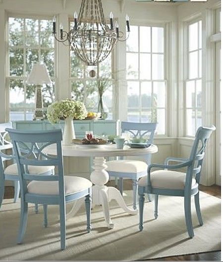 Transformed by Color - The Decorologist Shabby Chic Decorating, Hus Inspiration, Pedestal Dining Table, Wainscoting, Breakfast Room, Coastal Living, Beach House Decor, Shabby Chic Decor, Room Table