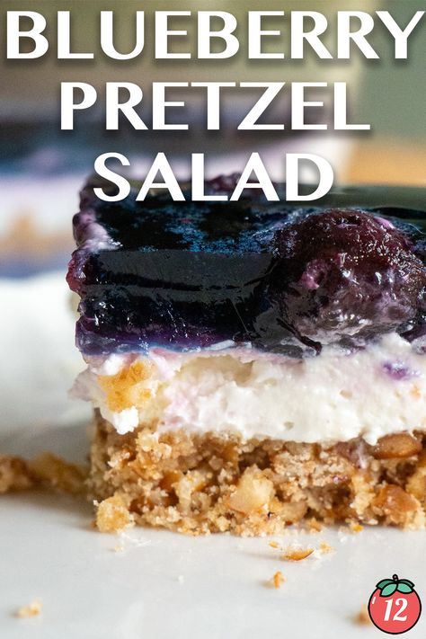 Blueberry Pretzel Salad | 12 Tomatoes Blueberry Salad Jello, Blueberry Jello Salad Recipes, Blueberry Congealed Salad, Blueberry Pretzel Dessert, Blueberry Pretzel Salad, Pretzel Jello Dessert, Blueberry Pretzel, Blueberry Jello Salad, Snacky Foods