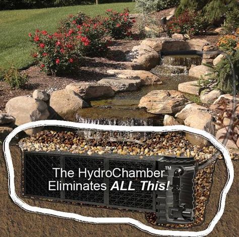 One HydroChamber replaces two slotted pump vaults, two water matrix blocks, rubber liner, underlayment, and rock Backyard Pondless Waterfall, Backyard Stream, Waterfall Landscaping, Waterfall Braid Tutorial, Pondless Water Features, Waterfall Dresser, Pondless Waterfall, Taman Air, Garden Pond Design