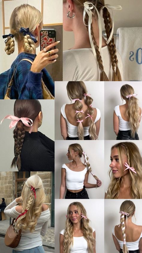 hairstyles with bowes, ponytails, braided hairstyles Hairstyle Examples, Kadeřnické Trendy, Vlasové Trendy, Hairstyles For Layered Hair, Ribbon Hairstyle, Hairdos For Curly Hair, Hair Stylies, Work Hairstyles, Hair Up Styles