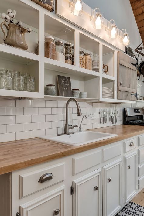 54+ White Cabinets With Butcher Block Countertops ( TIMELESS LOOK ) Off White Kitchen Cabinets With Butcher Block, White Rustic Cabinets Kitchen, White Cabinet Kitchen Farmhouse Butcher Block Countertops, Butcher Block On White Cabinets, Taupe Kitchen Cabinets With Butcher Block, Kitchens Butcher Block Countertops, All White Kitchen With Butcher Block Countertops, Kitchen Countertops Ideas White Cabinets, Kitchen Remodel Off White Cabinets