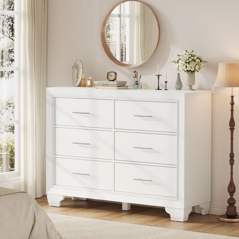 White Dresser Decor, White Dresser Bedroom, White 6 Drawer Dresser, Dresser Decor Bedroom, Dresser Tv, Dresser Tv Stand, Modern Chest Of Drawers, Chest Of Drawer, Accent Storage Cabinet