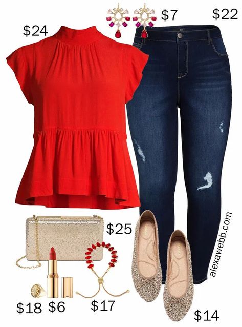 Plus Size on a Budget – Holiday Outfit or Christmas Outfit with Red Top and Jeans with Gold Accessories - Alexa Webb #plussize #alexawebb Plus Size On A Budget, Red Top Outfit, Plus Size Holiday, Alexa Webb, Outfit Holiday, Holiday Outfits Christmas, Budget Outfits, Plus Size Fall Fashion, Glitter Flats