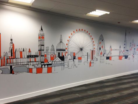 Feature Wall Office, Vintage Cafe Design, London City Skyline, Skyline Mural, Hand Painted Mural, Education Design Interior, Painted Mural, Classroom Interior, Office Mural