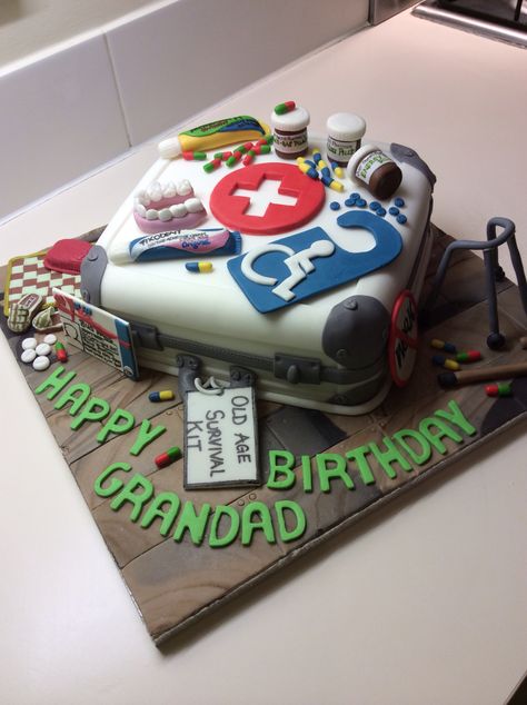 Granddad's Old Age Survival Kit Cake.... 40th Birthday Survival Kit, Funny 50th Birthday Cakes, 65 Birthday Cake, Birthday Cake Quotes, Birthday Survival Kit, Moms 60th, Quotes To Brighten Your Day, 70th Birthday Cake, Cake Quotes