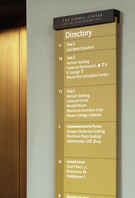 Kimmel Center for the Performing Arts - Cloud Gehshan Building Directory Signage, Directory Signage Design, Directory Signage, Hospital Signage, Directory Signs, Pylon Sign, Wayfinding Signage Design, Donor Recognition, Office Signage