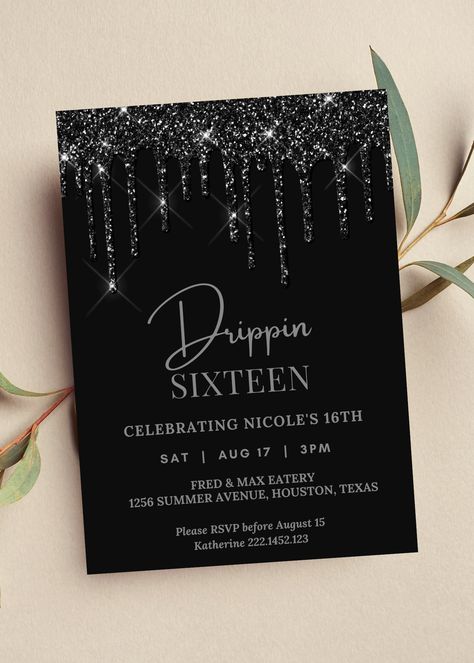 Editable Drippin 16 birthday invitation perfect for your next sweet 16 birthday party. This all black dripping invitation can be edited yourself using Canva. If you choose to print yourself the print size is 5x7 and can be printed on cardstock invitation paper. You can also have the completed file taken to your local print shop and have them print. Can also be saved as an image to use as a text invitation or email invitation. All the wording is editable. Details: black invitation with black glit Black Tie Birthday Party, Festa All Black, All Black Affair, All Black Party, White Party Decorations, Sweet Sixteen Birthday Party Ideas, Sweet 16 Themes, 16th Birthday Invitations, Bday Party Theme