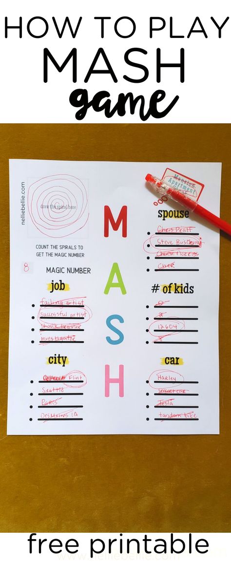 MASH GAME - Mansion Apartment Shack House --> free printable! What Is Mash The Game, Free Sleepover Games, 90s Themed Games, Hangman Game Printable, Mash The Game, Mash Game, Paper Crafts Ideas, Sleepover Party Games, Kids Sleepover