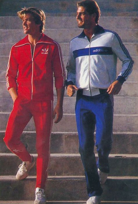 70s Sports Fashion, 80s Track Suit, 70s Sportswear, Track Suit Outfit, Tenis Retro, 70s Fashion Men, Red Tracksuit, Adidas Collection, Sports Fashion Men