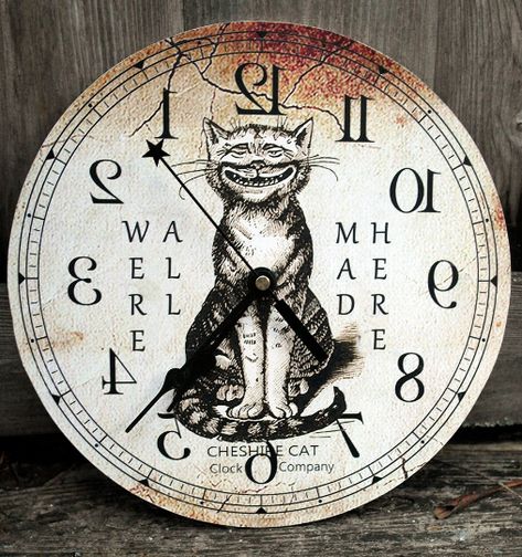 Vintage Cheshire Cat Clock. We're all mad here, 3 SIZES $36.00 to $52.00 Alice In Wonderland Decor, Alice In Wonderland Clocks, Cheshire Cat Quotes, Alice In Wonderland Props, Alice In Wonderland Room, Cat Company, Shabby Chic Background, Wonderland Decor, Alice In Wonderland Gifts