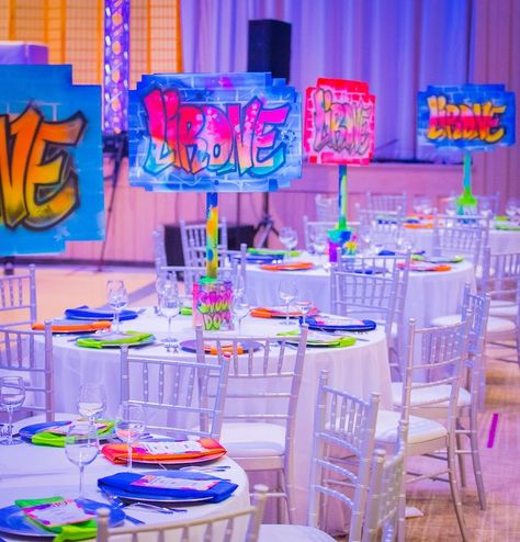 Graffiti Party Theme Street Art, 2000s Party Centerpieces, Y2k Party Centerpieces, Graffiti Party Theme, Can Centerpieces, 2000s Party Theme, Graffiti Birthday, 90s Theme Party Decorations, 90s Party Ideas