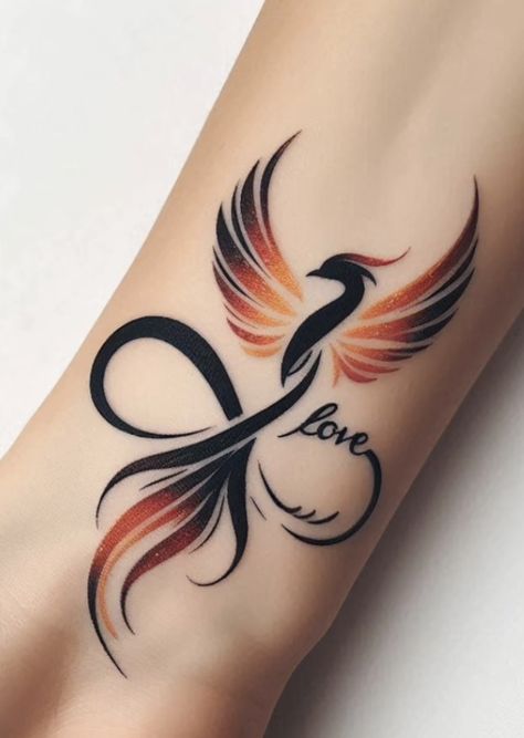 Phoenix And Infinity Tattoo, Two Words In One Tattoo, White Ink Phoenix Tattoo, Small Phoenix Tattoos Still I Rise, Tattoos That Mean Protection, Cool Phoenix Tattoo, Phoenix Tattoo Minimalist Simple, Infinity Tattoos Men, Phoenix Infinity Tattoo