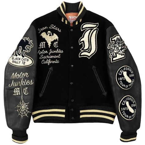 "Style Eyes Varsity Jacket 1972-1973 Iron Stars. Sacramento, California. 30 oz melton wool body with real leather sleeves. Chenille patches, detailed embroidery and quilted lining. Size 40 / L. Pit to pit 23\". Length 25\"." Letterman Jacket Outfit, Black Varsity Jacket, Senior Jackets, Chenille Patches, Korean Fits, Leather Varsity Jackets, Varsity Hoodie, Jet Black Color, Streetwear Jackets