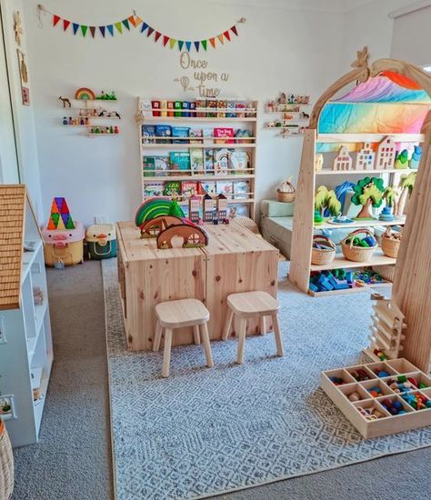 Playroom For Preschoolers, Boho Home Daycare, Minimalist Daycare Room, Preschool Room At Home, Montessori In Home Daycare, Daycare Playroom Ideas, Daycare Room Decorating Ideas, Daycare Decor Ideas, Boho Daycare Room