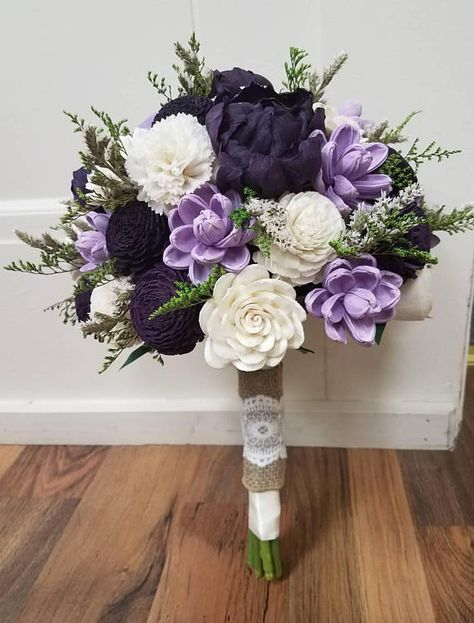 Plum Bridesmaid Bouquet, Crafting Business, Purple Bouquets, Purple Bridal Bouquet, Wood Flower Bouquet, Tall Wedding Centerpieces, Plum Wedding, Wedding Arches, Lavender Bouquet