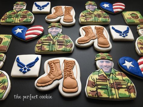 Army & Air Force themed sugar cookies decorated with royal icing. Army Promotion Cookies, Airforce Cookies Decorated, Air Force Retirement Cookies, Air Force Cookies Decorated, Airforce Cookies, Air Force Cookies, Army Cookies, Camo Cookies, Army Retirement