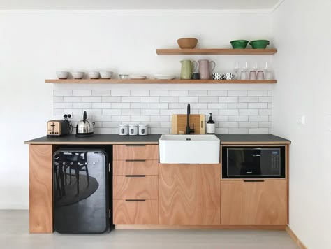 Airbnb Kitchenette, Small Airbnb, Laminate Benchtop, Sustainable Tiny House, Studio Kitchenette, Cottage Kitchen Renovation, Drawer Microwave, Basement Laundry Room Makeover, Small Basement Kitchen