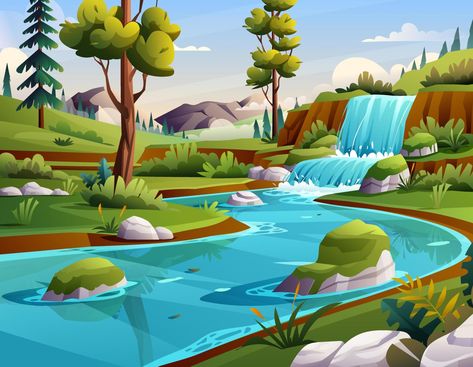 Forest With Mountains, Golden Retriever Illustration, Waterfall Background, Forest Cartoon, Wildlife Day, Mountain Waterfall, Cartoon Style Drawing, Cartoon Birds, Forest Background