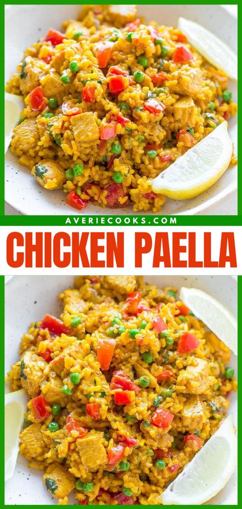 Easy Chicken Paella Recipe - Averie Cooks Chicken Paella Recipe, Easy Paella, Chicken Paella, Rice And Veggies, Paella Recipe, Spanish Dishes, Cooking Seafood, Stuffed Pepper Soup, Dinner Idea