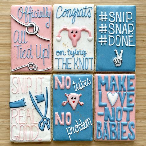 Celebrate every moment and every choice! This cookie set celebrates a woman’s choice to be kid-free, and have some fun while she’s at it! Such a fun set to make! #cookieart #hysterectomy #vasectomy #funnycookies #memes # notubes #noproblem #tyingtheknot Hysterectomies Party, Sterilization Celebration, Sterilization Party, Sprinkle Ideas, Decorative Cookies, Gender Party, Diy Gifts For Him, Surgery Recovery, Husband Humor